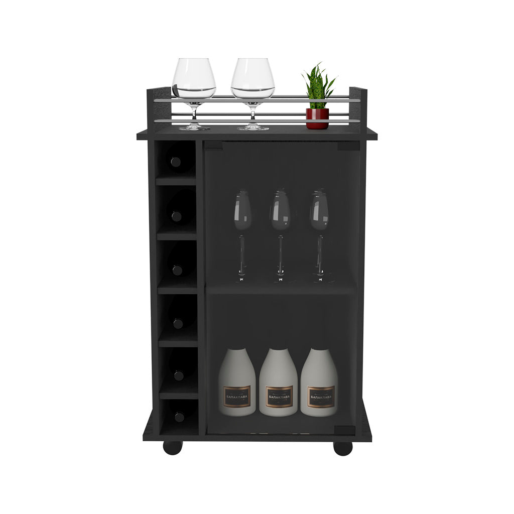 Huali Bar Cart, Six Wine Cubbies, Glass Door, Four Caster, Two Shelves