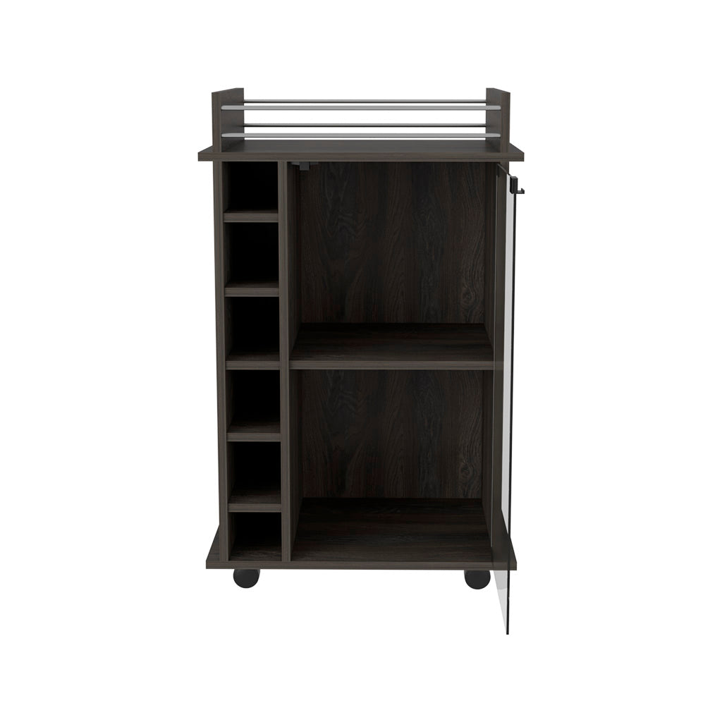 Huali Bar Cart, Six Wine Cubbies, Glass Door, Four Caster, Two Shelves