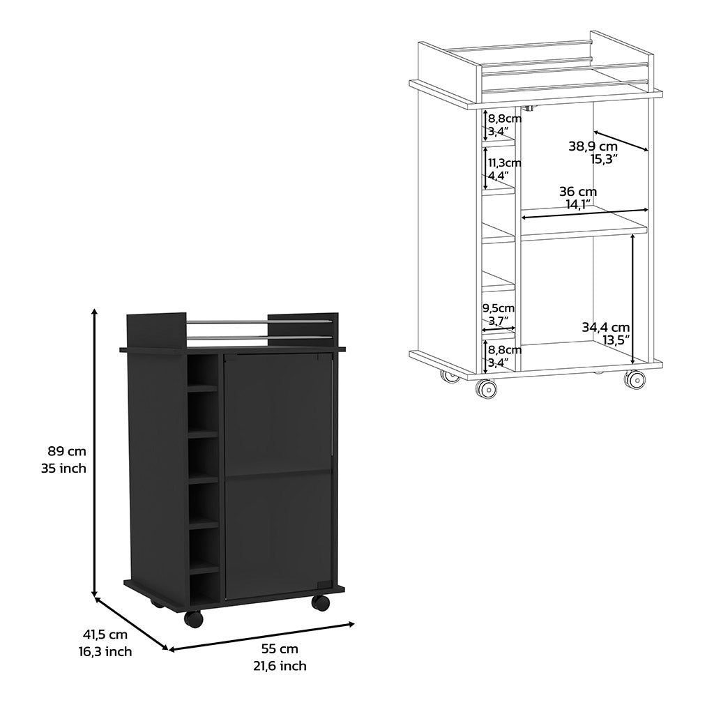 Huali Bar Cart, Six Wine Cubbies, Glass Door, Four Caster, Two Shelves