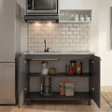 Napoles Utility Sink with Faucet Inclued and Integrated Steel Counter top, Freestanding cabinet with two doors, Metal Handles and Two interior shelves.