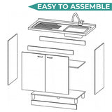 Napoles Utility Sink with Faucet Inclued and Integrated Steel Counter top, Freestanding cabinet with two doors, Metal Handles and Two interior shelves.