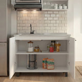 Napoles Utility Sink with Faucet Inclued and Integrated Steel Counter top, Freestanding cabinet with two doors, Metal Handles and Two interior shelves.