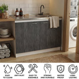 Napoles Utility Sink with Faucet Inclued and Integrated Steel Counter top, Freestanding cabinet with two doors, Metal Handles and Two interior shelves.