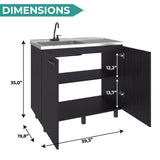 Napoles Utility Sink with Faucet Inclued and Integrated Steel Counter top, Freestanding cabinet with two doors, Metal Handles and Two interior shelves.