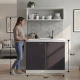Napoles Utility Sink with Faucet Inclued and Integrated Steel Counter top, Freestanding cabinet with two doors, Metal Handles and Two interior shelves.