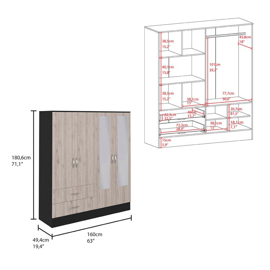 Bolton 160 Armoire, Six Shelves, Two Double Door Cabinets, Two Mirrors, Two Drawers, Rod