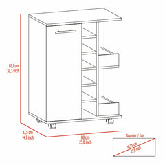 Magda Bar Cart, Four Caster, Six Wine Cubbies, Single Door Cabinet, Two External Shelves