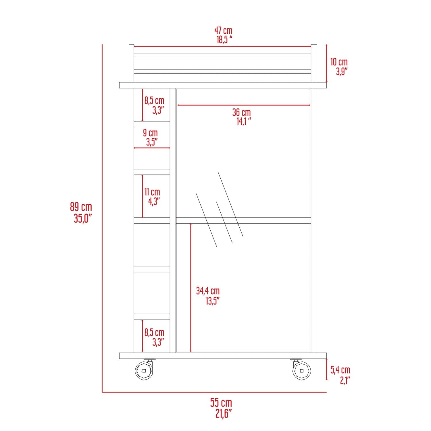 Huali Bar Cart, Six Wine Cubbies, Glass Door, Four Caster, Two Shelves