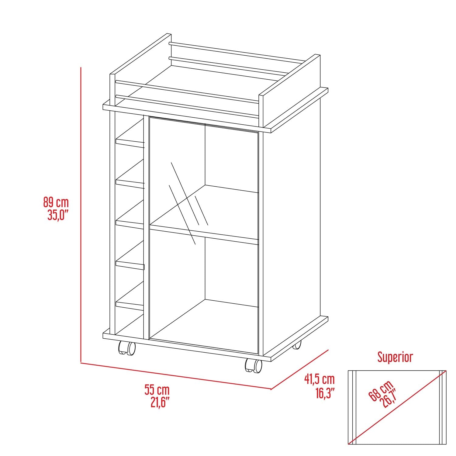 Huali Bar Cart, Six Wine Cubbies, Glass Door, Four Caster, Two Shelves