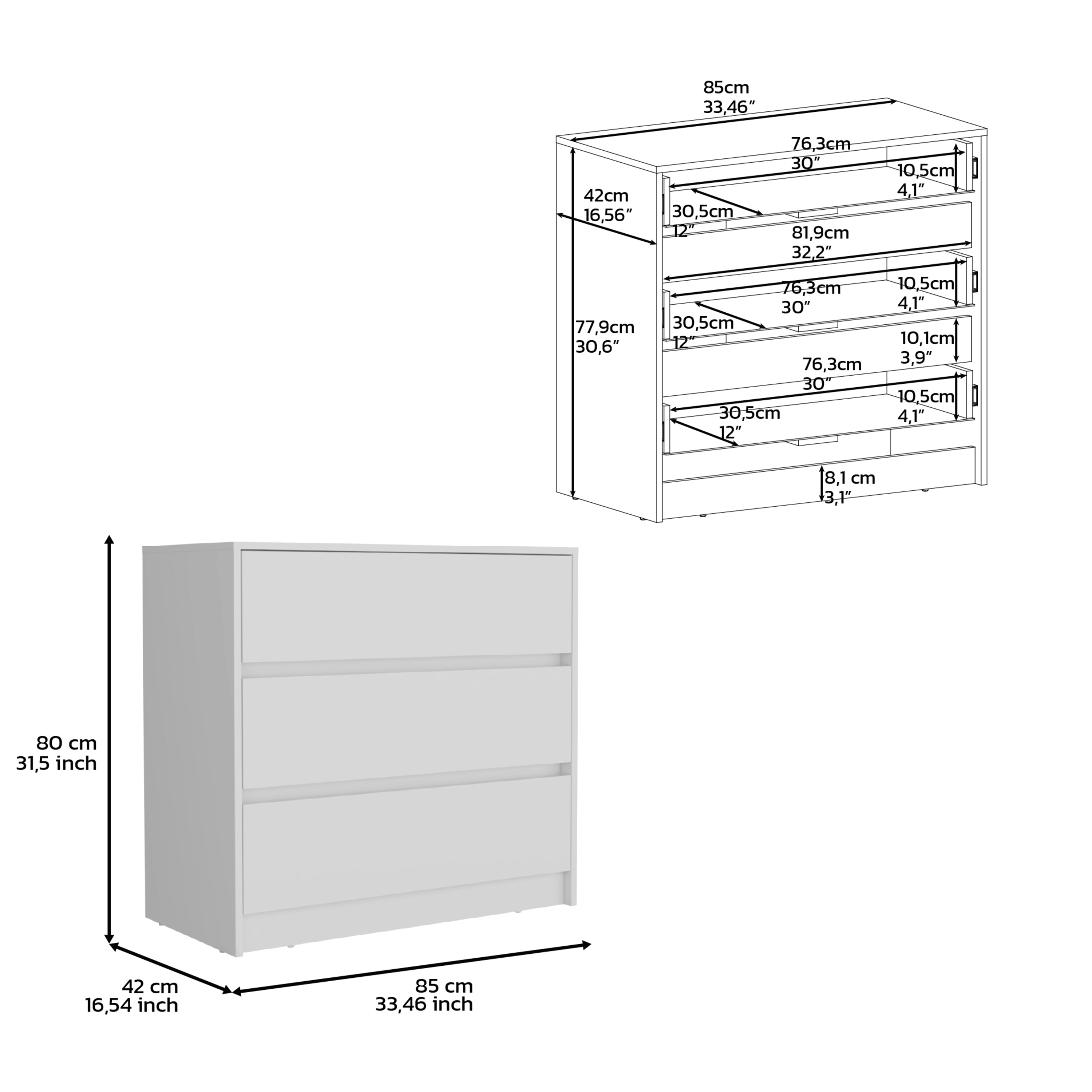 Palmer 3 Drawers Dresser, Chest of Drawers, White