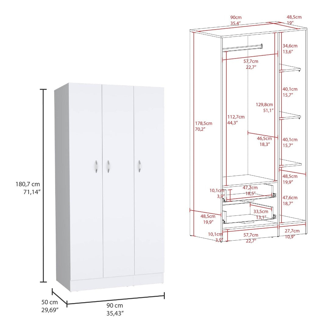 Ohio Armoire Wardrobe With 3-Doors, 2-Drawers, 4-Tier Shelves