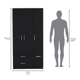 Sebree 71-Inch High Armoire Wardrobe Closet with Four Doors, Two Drawers, Three Cabinet Sections, Six Storage Shelves and Hanging Rod, Freestanding Bedroom Clothes Storage Organizer for Modern Home Organization and Daily Wardrobe Use