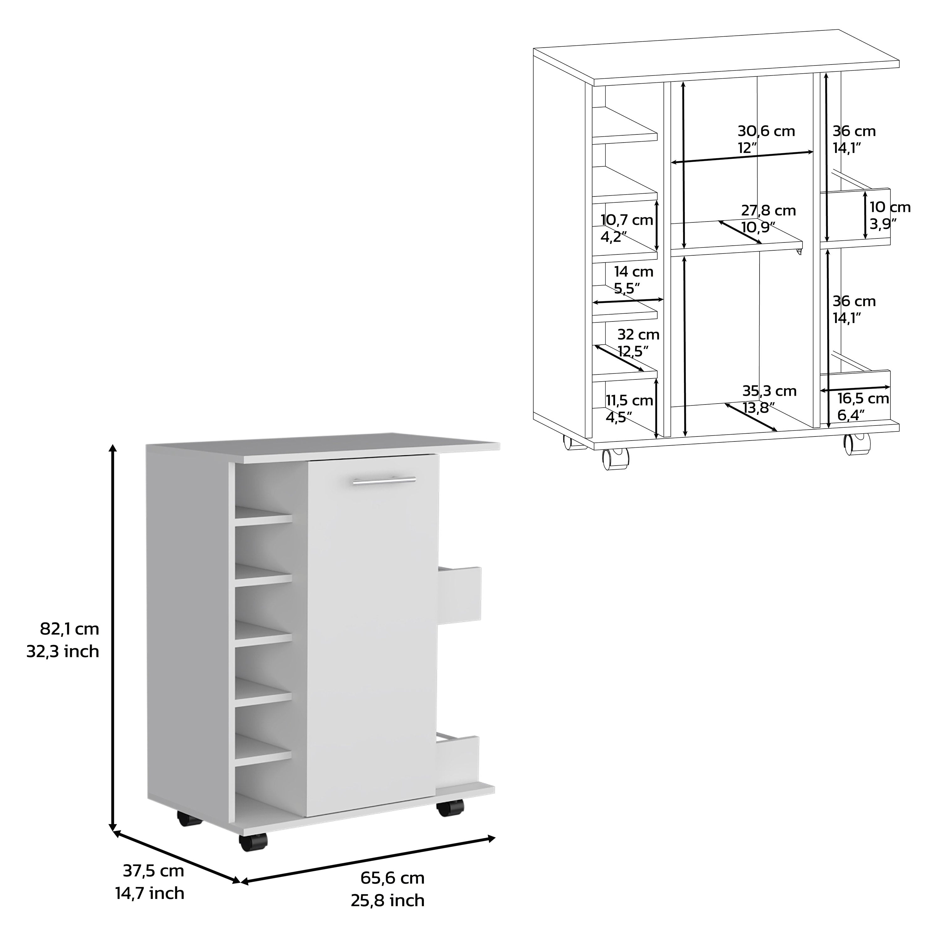 DEPOT E-SHOP Selden Bar Cart with 6-Built in Bottle Racks, Casters and 2-Open Side Shelves, White