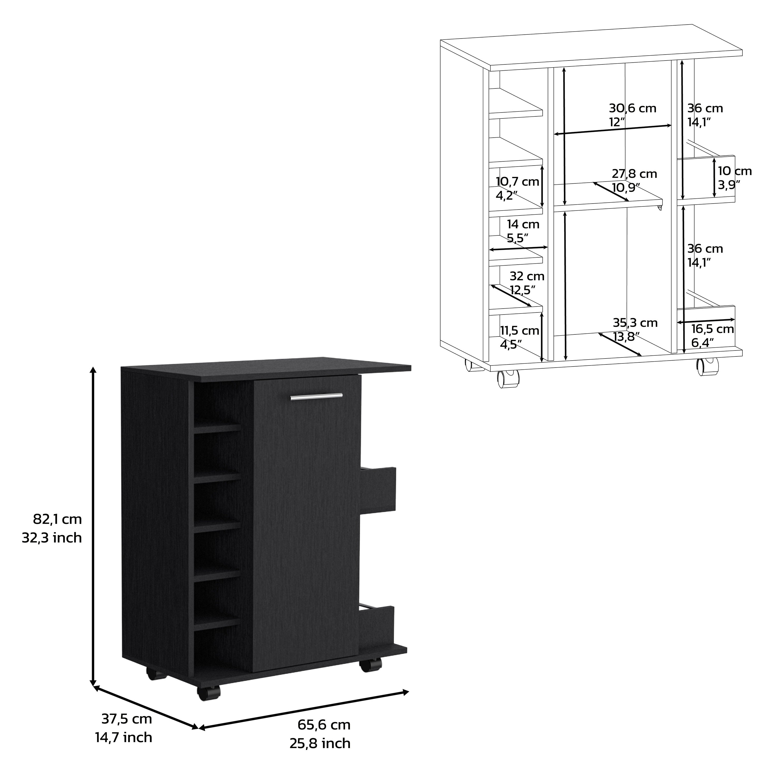 DEPOT E-SHOP Selden Bar Cart with 6-Built in Bottle Racks, Casters and 2-Open Side Shelves, Black