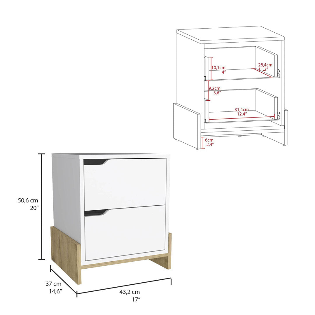 Luss Nightstand, Bedside Table With 2-Drawers, White And Macadamia Finish