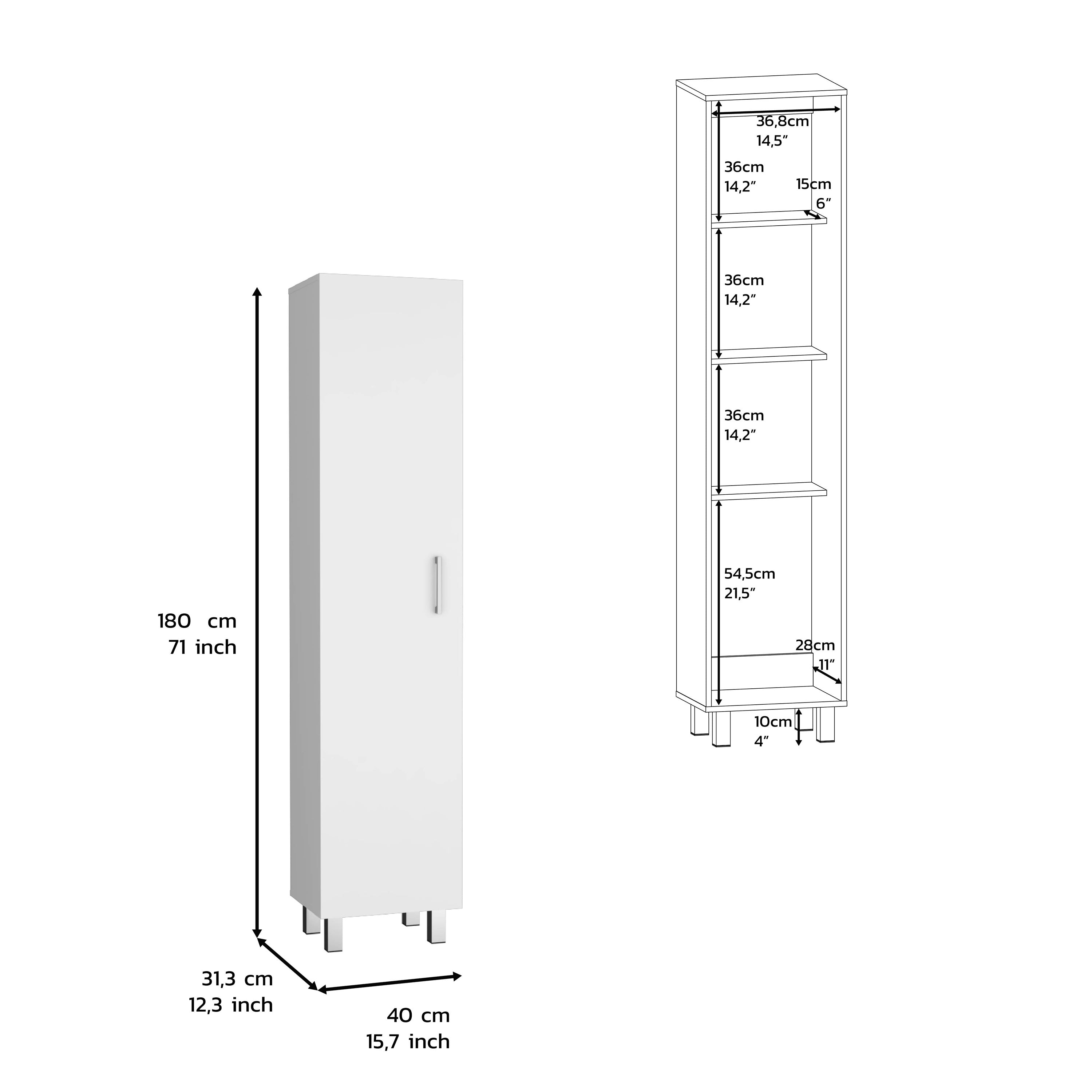 Vernon Slim Storage Cabinet with 4-Tier Shelf and Broom Hangers, White Finish