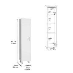 Vernon Slim Storage Cabinet with 4-Tier Shelf and Broom Hangers, White Finish