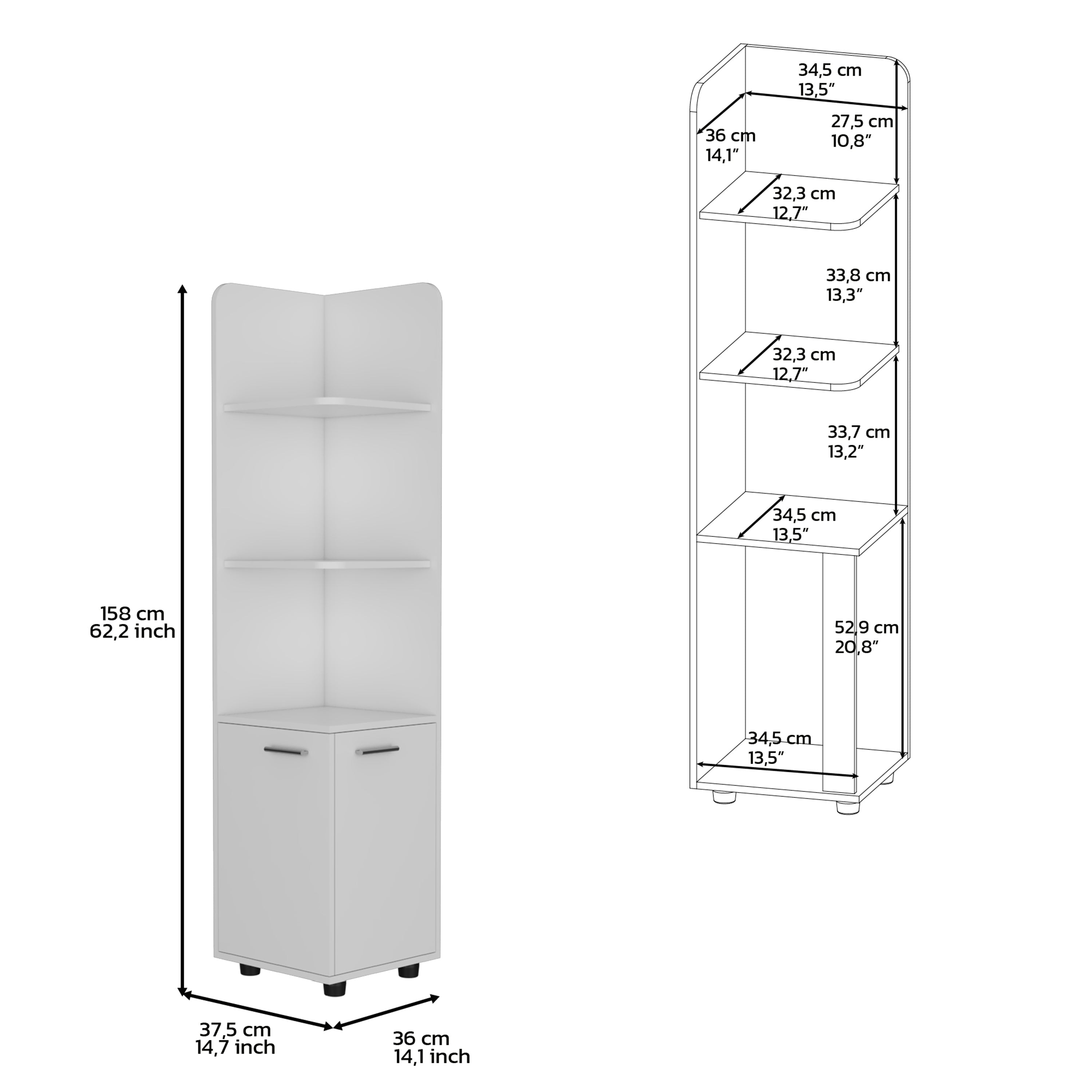 Vestal Tall Corner Cabinet with 3-Tier Shelf and 2-Door, White Finish