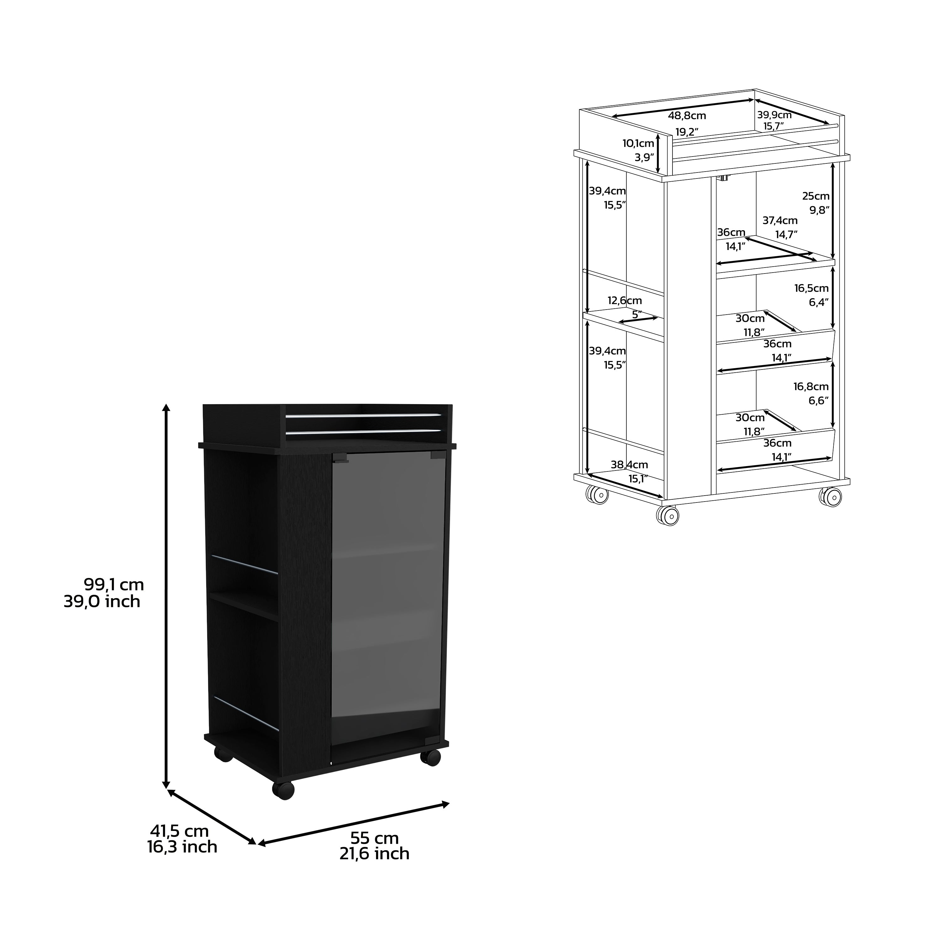 DEPOT E-SHOP Lansing Bar Cart with Glass Door, 2-Side Shelves and Casters