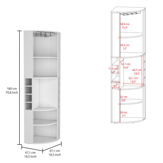 Oban Corner Bar Cabinet with Five Shelves, Eight Bottle Cubbies and Stemware Storage, Space-Saving Full-Corner Design for Home Entertainment, Multi-Level Display and Organized Beverage Storage for Modern Living Spaces