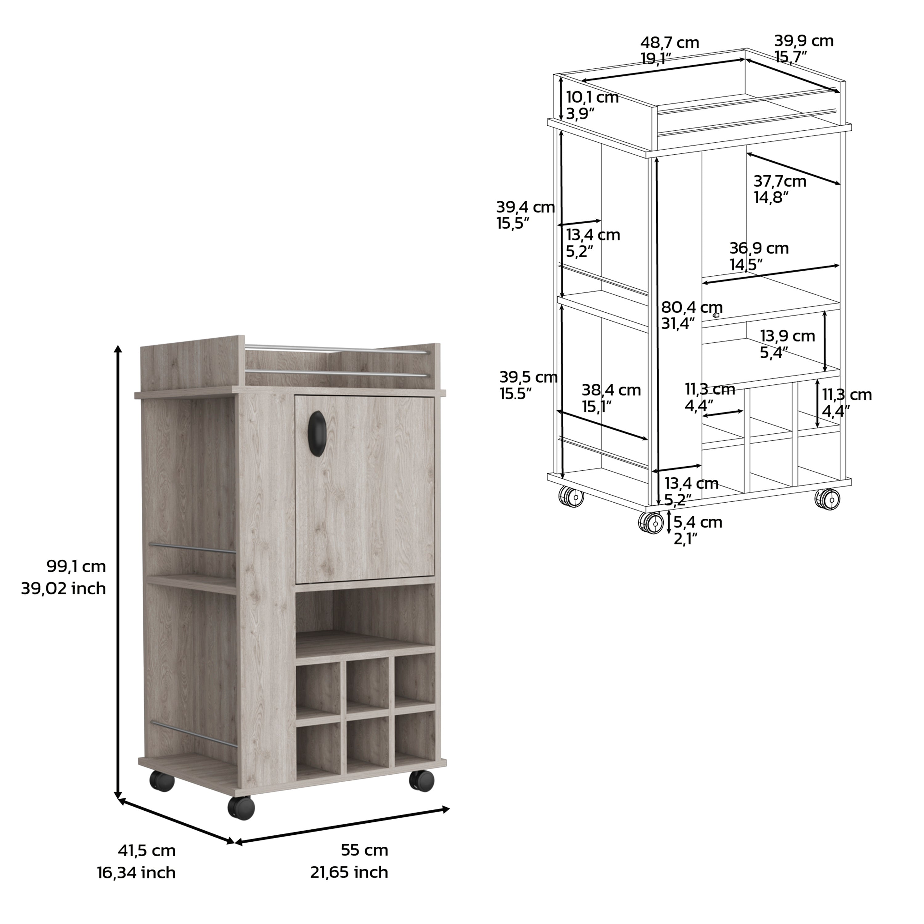 DEPOT E-SHOP Fraser Bar Cart with 6 Built-in Wine Rack and Casters, Light Gray