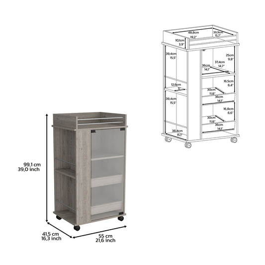 DEPOT E-SHOP Lansing Bar Cart with Glass Door, 2-Side Shelves and Casters, Light Gray