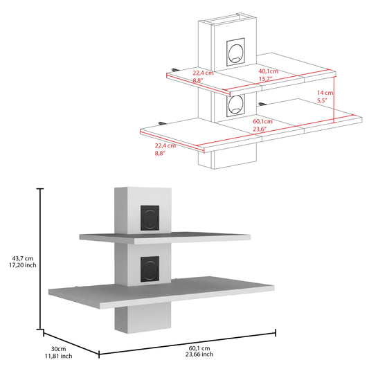 TUHOME Burgos Floating Shelf Two-Tier Wall Mounted Storage Unit with Wide Display Platforms, Integrated Cable Management System and Modern Space-Saving Design in Durable Engineered Wood for Home or Office Use
