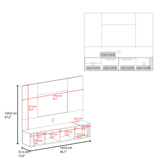 Vance 56" Wide Floating Entertainment Center with Two Cabinets, Four Open Shelves, Wall-Mounted TV Console with Cable Management, Modern Floating Media Unit for Living Room Organization