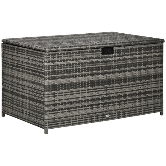 Outsunny Rattan Wicker Outdoor Deck Box with Hydraulic Lift & Handle, Liner for Patio, Pool, Garden Tools, Gray