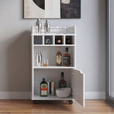 Phoenix Bar Cart with Two Open Shelves, Four Wine Cubbies and a Hinged-Door Storage Cabinet, Modern Mobile Serving Cart for Home Entertaining with Multi-Level Organization and Convenient Space-Saving Design