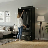 TUHOME Lisboa 2-Door Armoire with Double Door Storage, Two Spacious Drawers, Concealed Hanging Rod and Vertical Freestanding Wardrobe for Bedroom, Living Room, Kitchen or Garage Organization