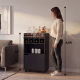 Phoenix Bar Cart with Two Open Shelves, Four Wine Cubbies and a Hinged-Door Storage Cabinet, Modern Mobile Serving Cart for Home Entertaining with Multi-Level Organization and Convenient Space-Saving Design