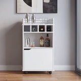 Phoenix Bar Cart with Two Open Shelves, Four Wine Cubbies and a Hinged-Door Storage Cabinet, Modern Mobile Serving Cart for Home Entertaining with Multi-Level Organization and Convenient Space-Saving Design
