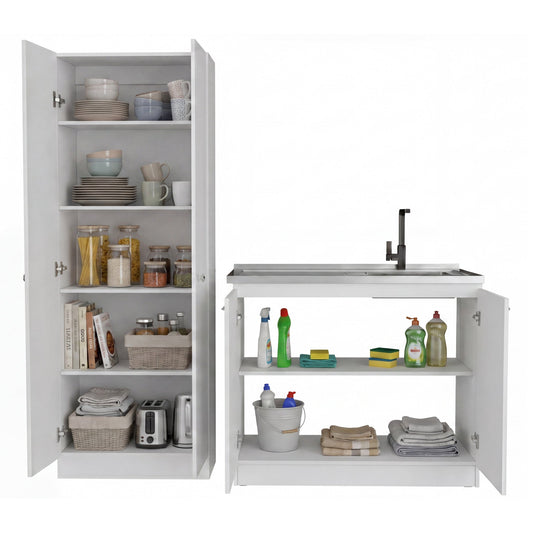 TUHOME Belmont 2-Piece Kitchen Set with Compact Countertop Island and Storage Cabinet, Modern Prep and Pantry Organization for Apartments and Small Kitchens, 35.4"H x 39.3"W x 19.7"D, White