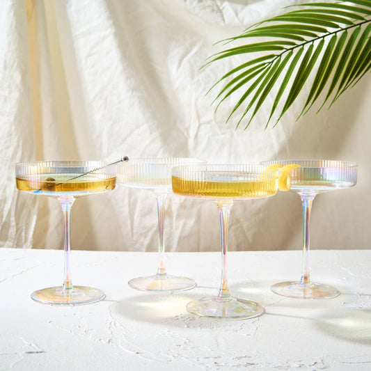 Ribbed Coupe Cocktail Glasses 8 oz | Set of 4 (Iridescent)