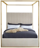 Jones Velvet Canopy Bed with Elegant Channel Tufting and Brushed Brass Frame for Luxurious Comfort