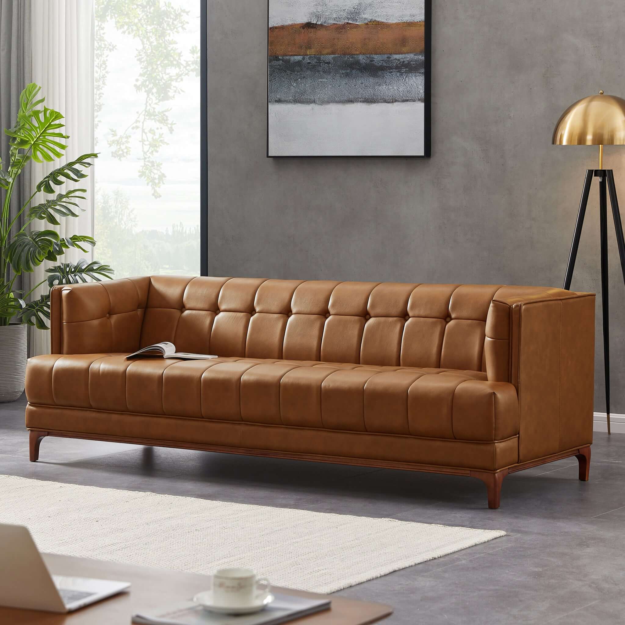 Mara Mid-Century Modern Tufted Cognac Leather Sofa