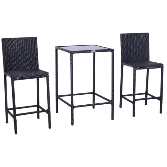 Outsunny Wicker Bar Set, 3-Piece Outdoor Counter Height with Glass Top Table & Stools, All-Weather - Black