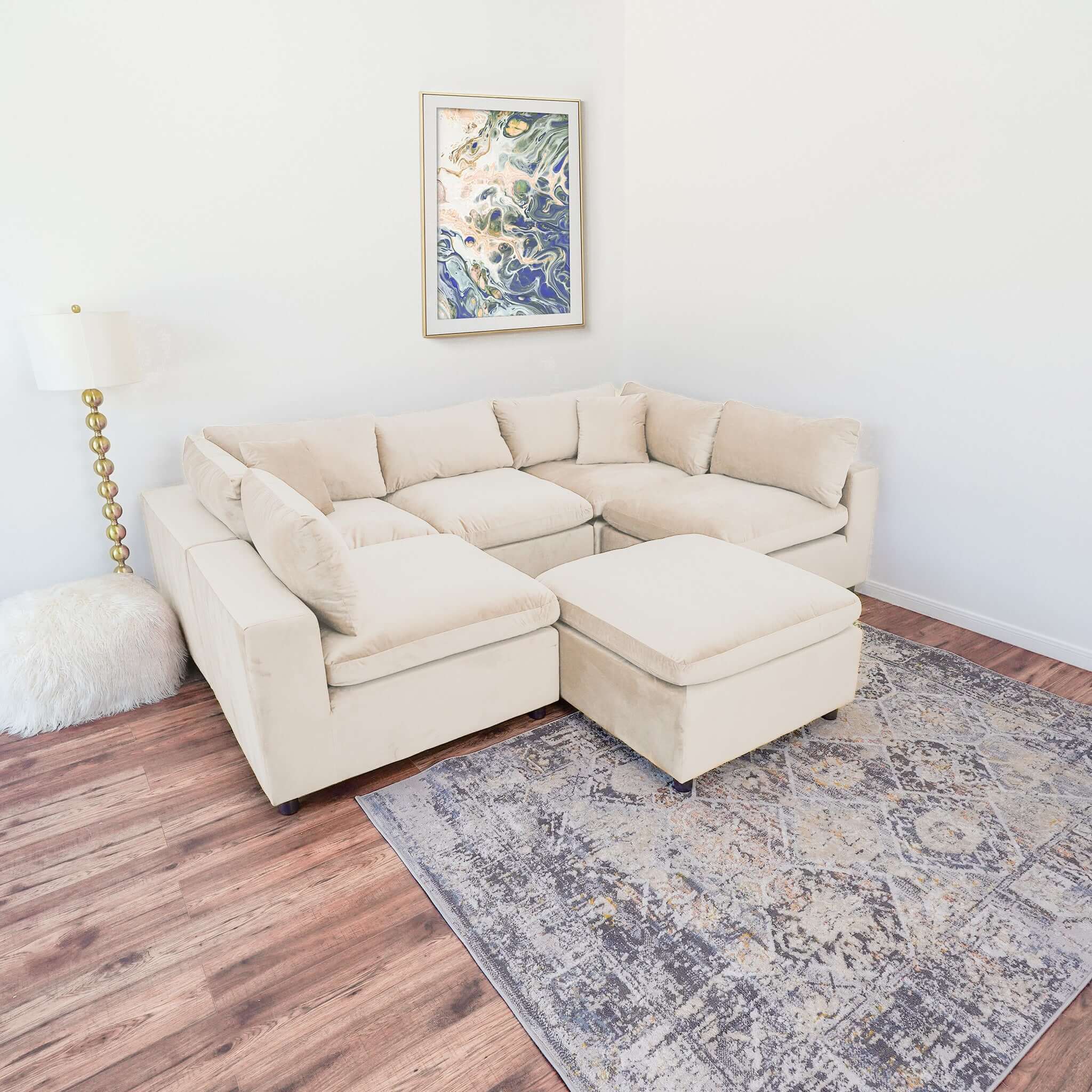 Laven Mid-Century Modern 6 - Piece  Ivory Velvet Sectional.