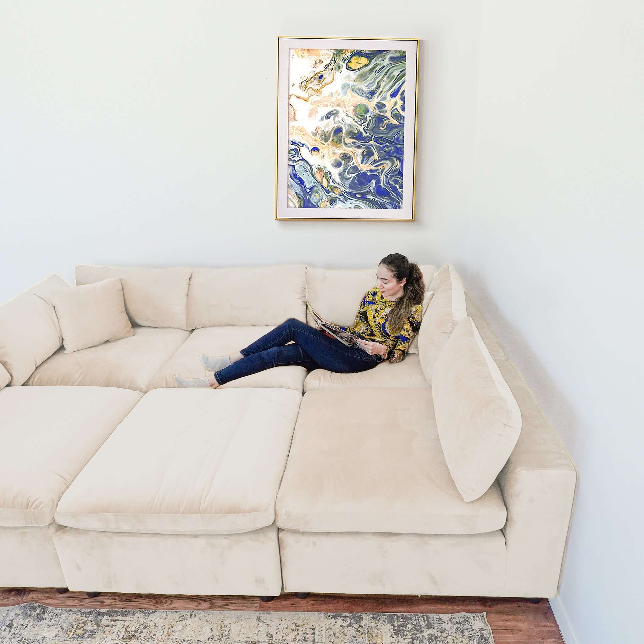 Laven Mid-Century Modern 6 - Piece  Ivory Velvet Sectional.