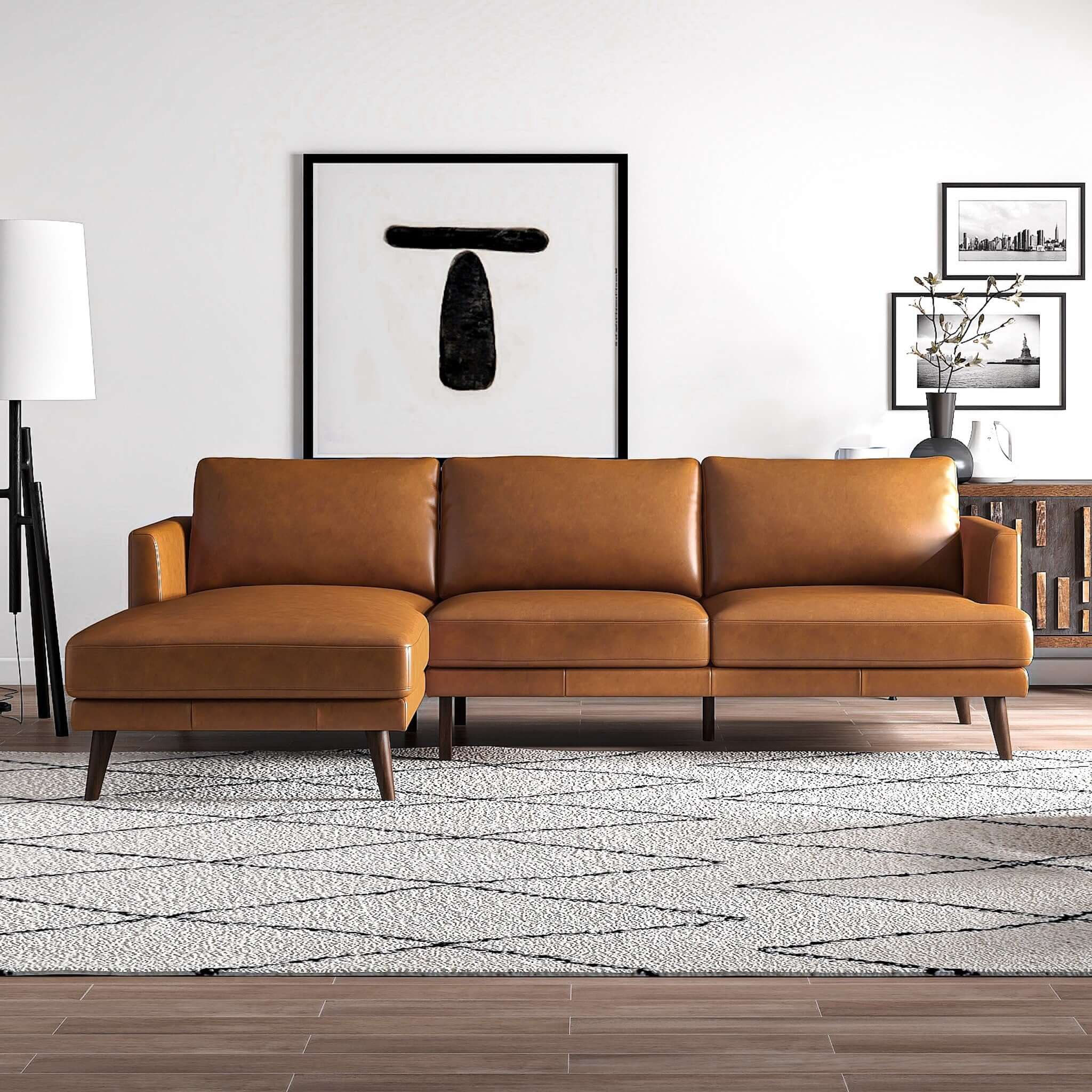 Lore Mid-Century Modern L-Shaped Genuine Leather Sectional in Tan