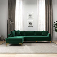 Mano Mid-Century Modern L-Shaped Velvet  Sectional Sofa in Green