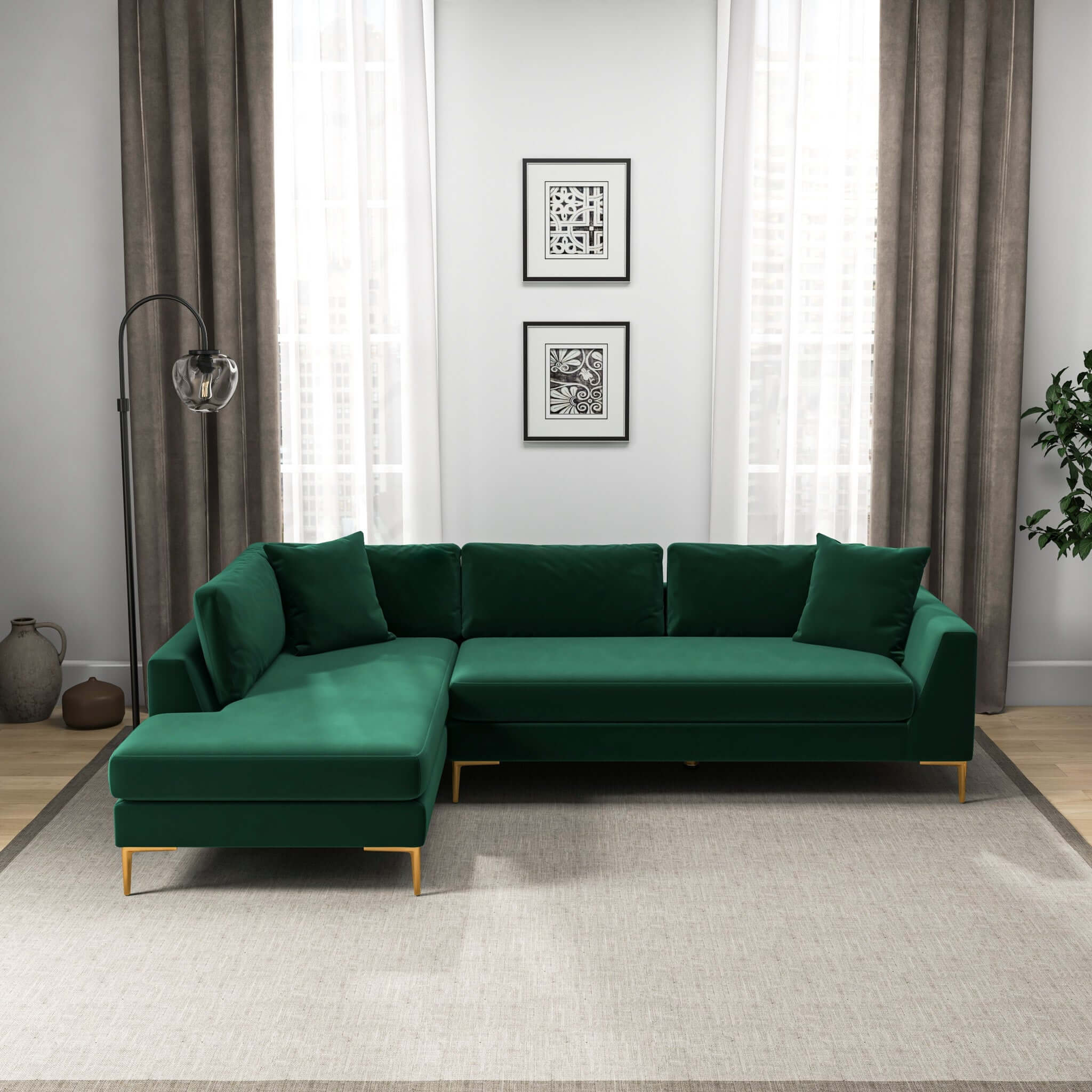 Mano Mid-Century Modern L-Shaped Velvet  Sectional Sofa in Green