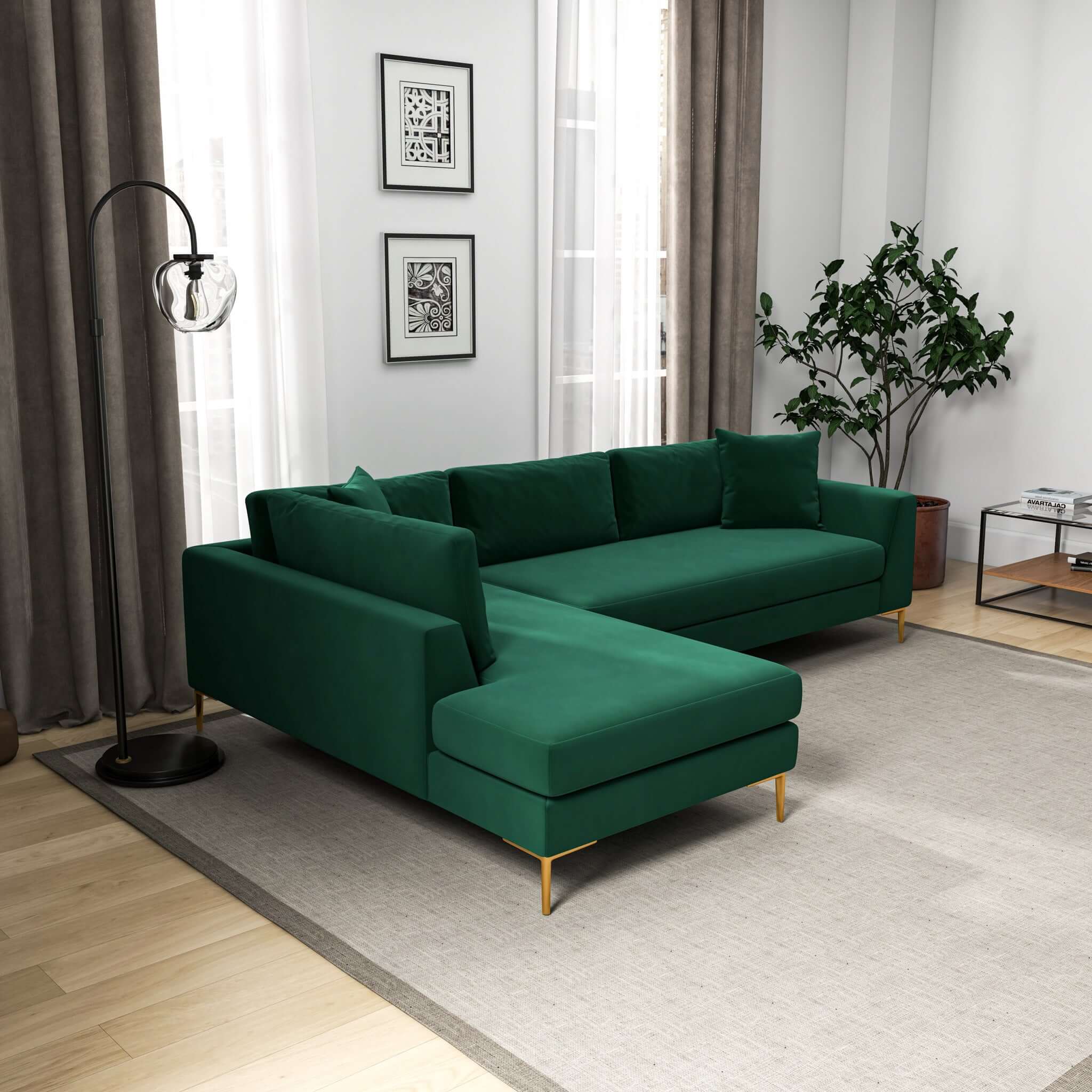 Mano Mid-Century Modern L-Shaped Velvet  Sectional Sofa in Green