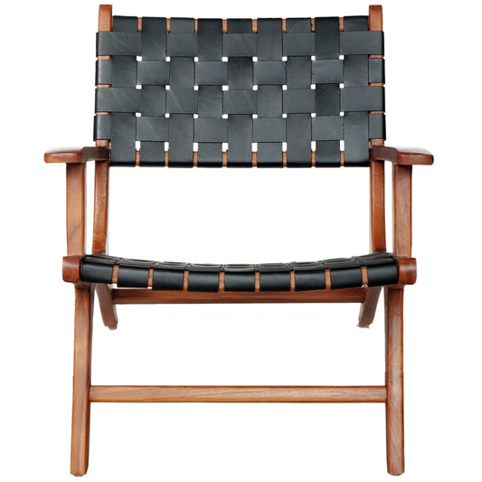 Melody Black Strap Leather Teak Wood Lounge Chair