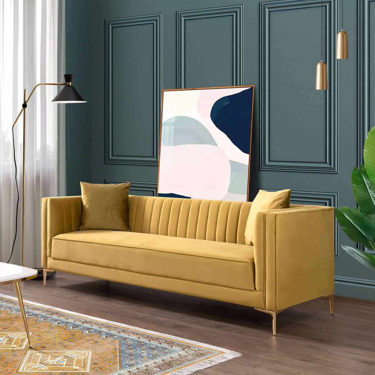 Angelina Mid-Century Modern Yellow Mustard Velvet Tufted Sofa