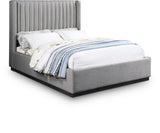 Logan Linen Textured Fabric Bed with Tall Channel Tufted Headboard and Modern Wingback Design