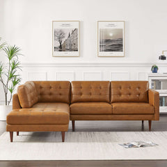 Lucco Mid-Century Modern L-Shaped Genuine Leather Sectional in Cognac Tan