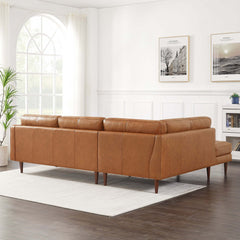 Lucco Mid-Century Modern L-Shaped Genuine Leather Sectional in Cognac Tan