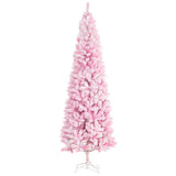 HOMCOM 7.5ft Tall Unlit Snow Flocked Artificial Christmas Tree Slim Pencil Xmas Tree with Pine Shape and Realistic Branches, Pink